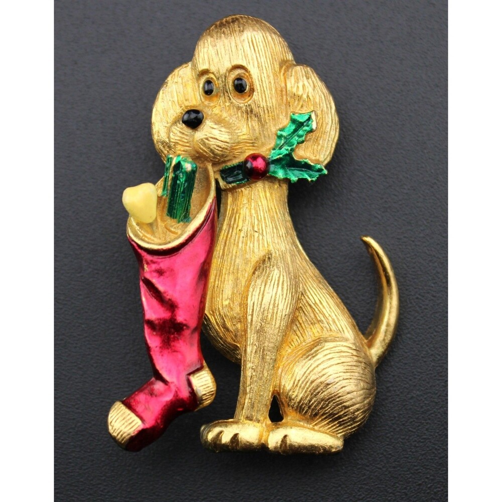 Signed Gerrys Puppy Dog Christmas Stocking Brooch Pin Vintage Gold Tone Enamel